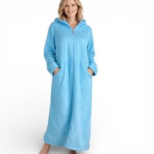 Jasmine Rose Womens 1X‎ Blue Fleece Full Zip Hooded Long Robe NWT